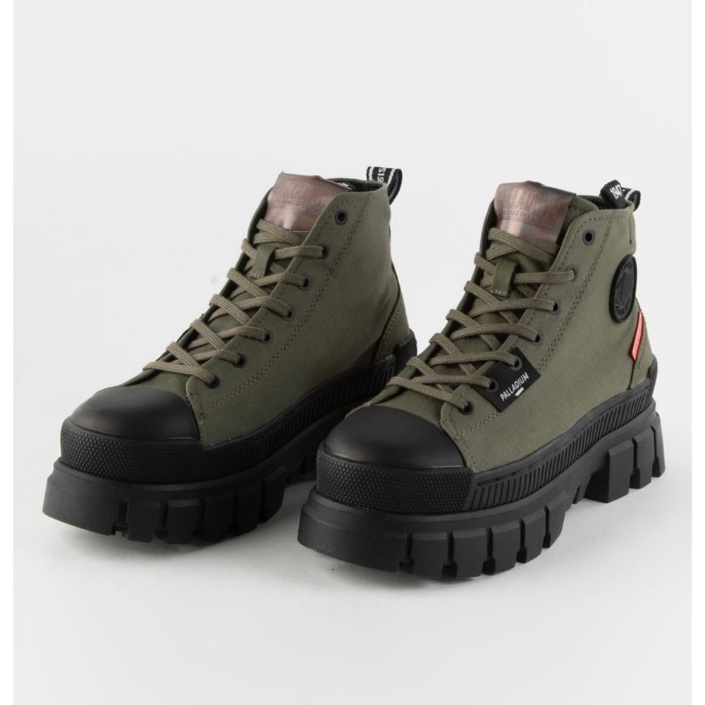Palladium Olive Green Canvas Combat Boots with Black Sole